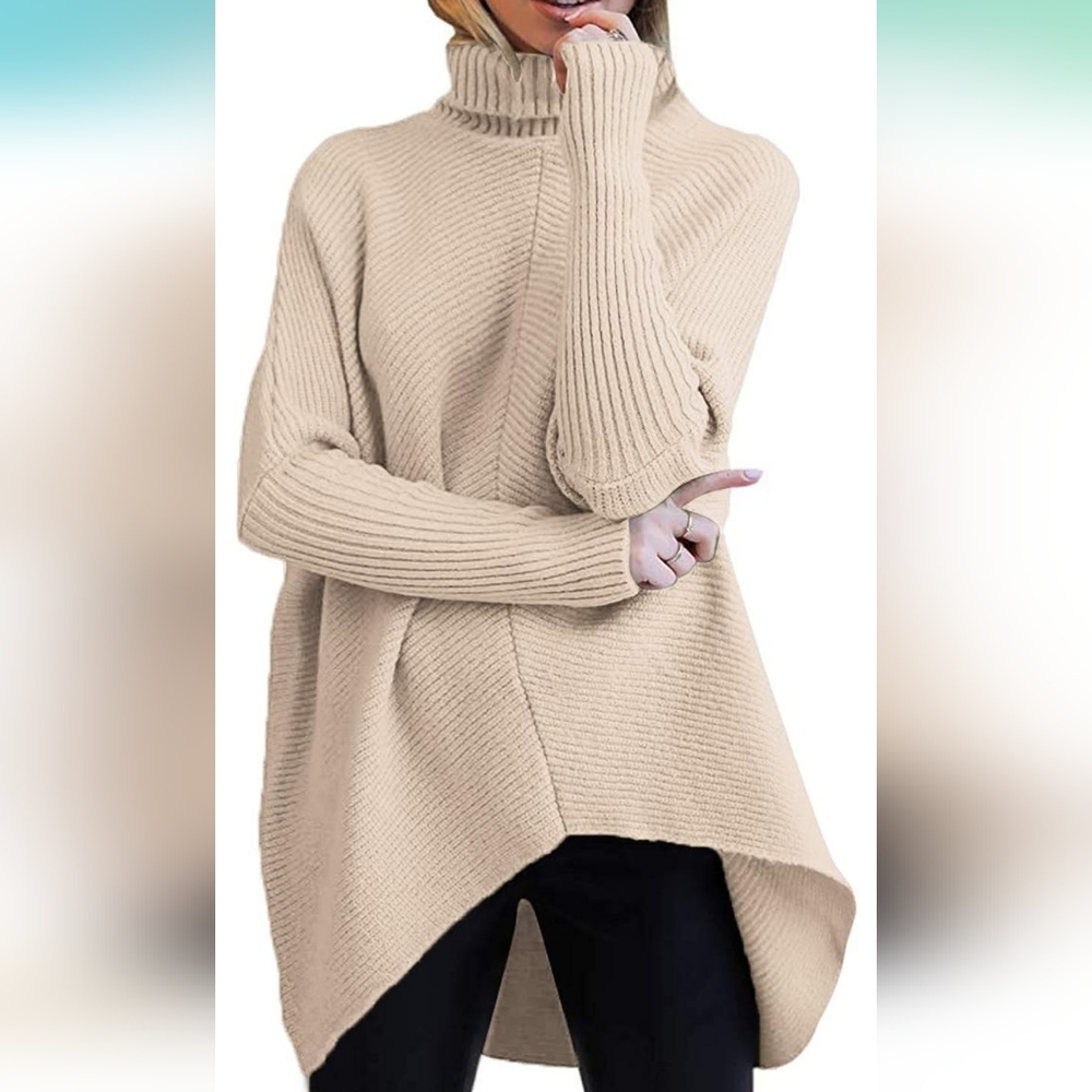 Beige turtleneck batwing knit sweater